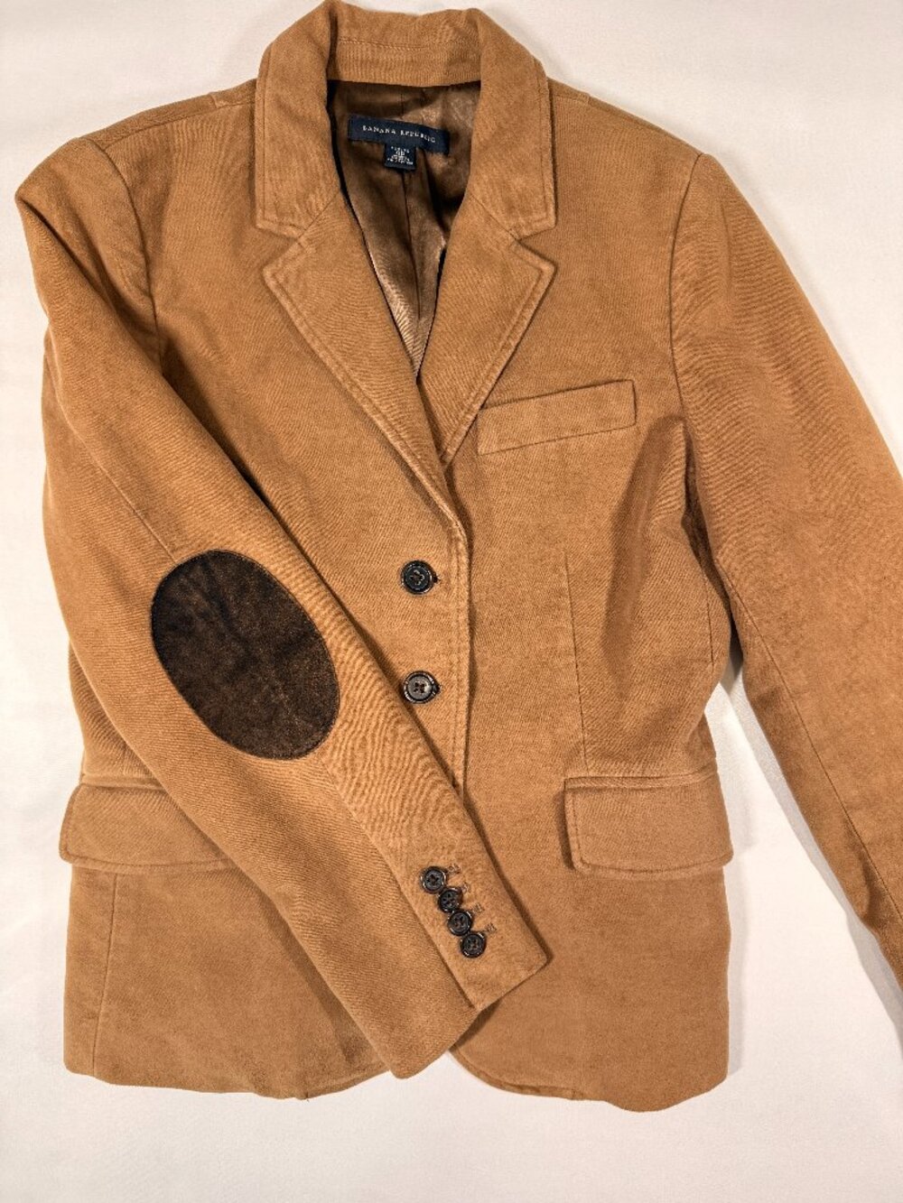 Banana Republic Petite 4P Tan Suede-Look Blazer Brown Elbow Patches
